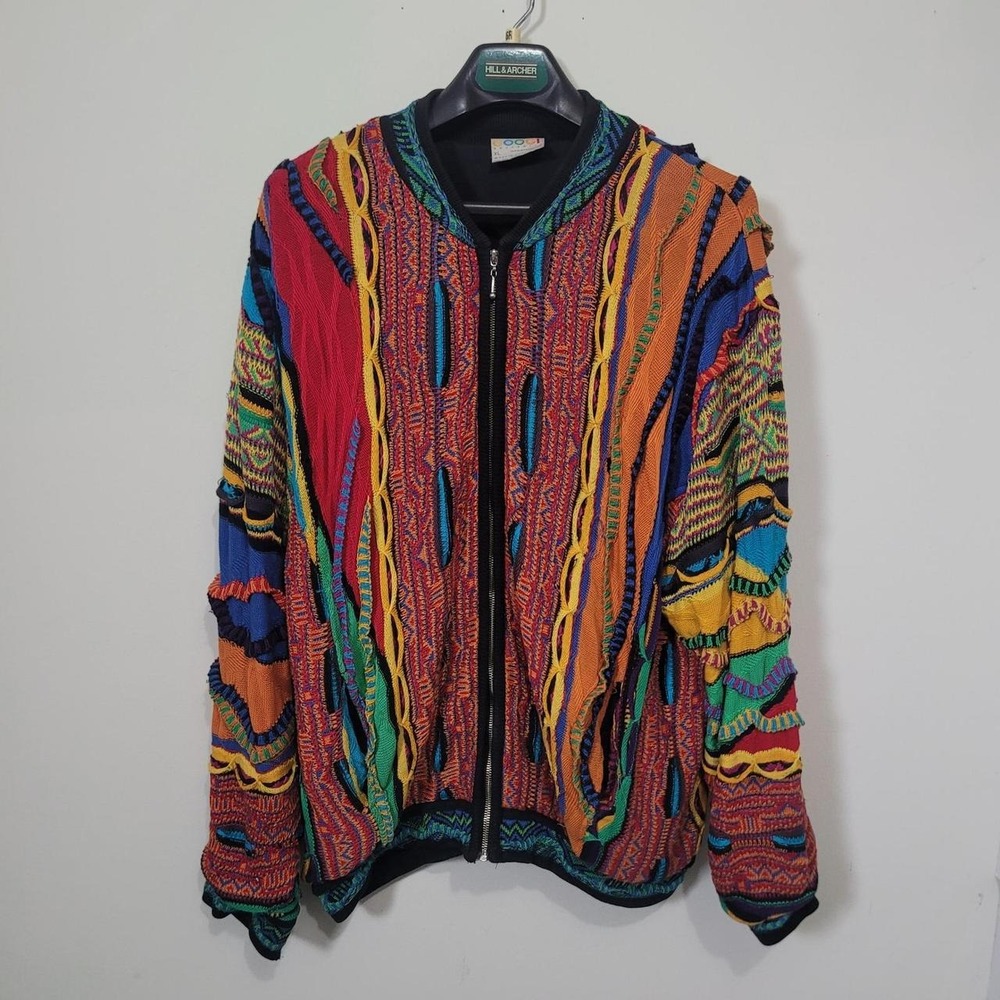 Coogi Size XL Full Zip Bomber Jacket Mens Multi Color 3D Textured Knit Vintage